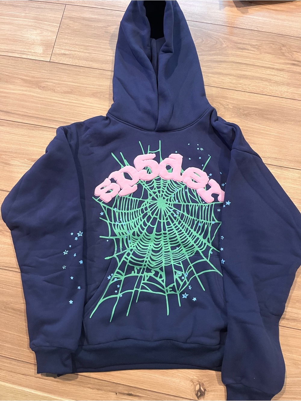 Navy Hoodie with Pink Puff Logo and Green Web Graphic
